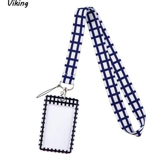 G1847 Cartoon Blue Grid Relieve stress Card Holders Case Phone Key Badge Camera USB Holder Neck Rope Lanyard with Keyring