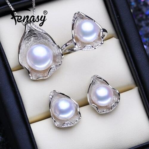 FENASY 925 Sterling Silver Jewelry Sets Trendy Natural Pearl Pendant Necklaces For Women Shell Shape Stud Earrings Fashion Rings