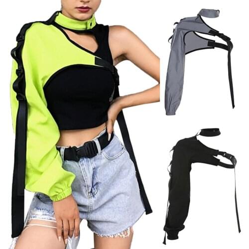 2020 New Womens T-Shirts Chic Choker One Long Sleeve Strap Buckle Reflective Halter Smock