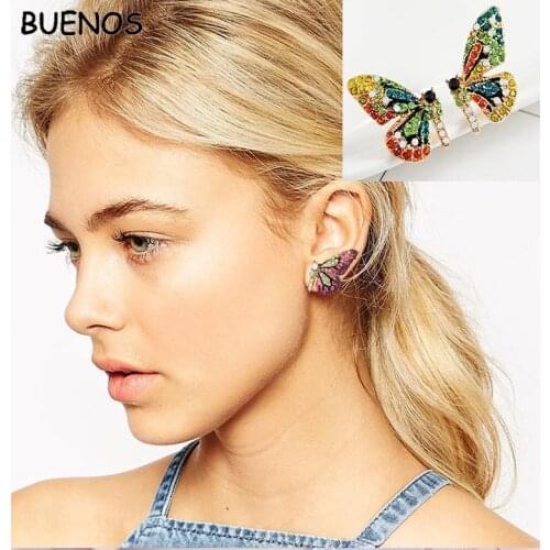 BUENOS 2019 Fashion Short Butterfly Earrings Necklace Set Reinstone Inlaid Creative Crystal Stud Earrings Fashion Jewelry Gift
