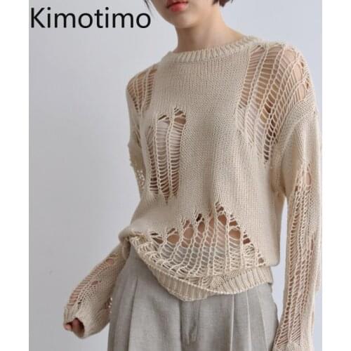 Kimotimo Hollow Out Long-sleeved Sweaters for Women Korean Ins Solid O-neck Thin Knitted Pullover Fall 2021 Fashion Clothing