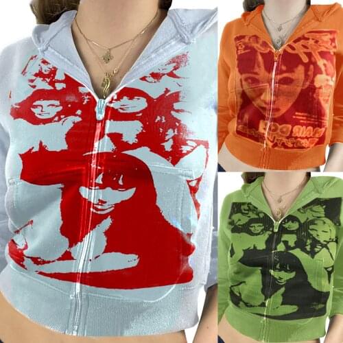 Y2K Sweatshirts Spring Autumn Womens Wear Printed Zipper Hoodies With Pockets Street Coat Top Girls