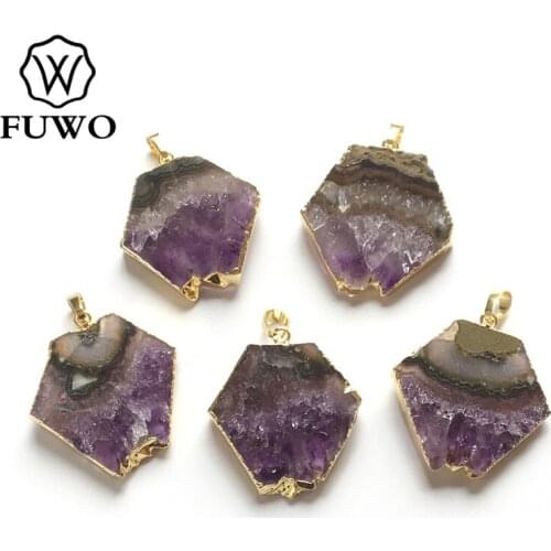 FUWO Trendy Women Natural Amethysts Slice Pendant Gold Bezel Hexagon Crystal Quartz Jewelry For Women Necklace Making PD293