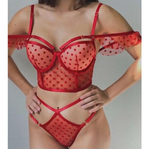 Women Polka Dot Lingerie Sets Sexy Lace Adjustable sling Bras Underwear Fashion Lace Nightwear