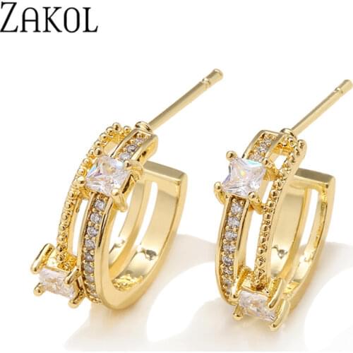 ZAKOL Luxury Independant Design Rectangle Cubic Zirconia Circle Stud Earrings Women Fashion Jewelry Femme Bijoux Christmas Gift