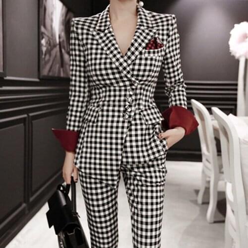 2019 Autumn Winter New Korean Women Two Piece Sets Fashion Elegant Irregular Lattice Suit Jacket + High Waist Long Pants Suits