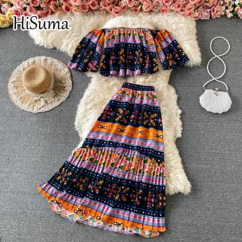 2021 summer new women slash neck flying sleeve print chiffon shirts + High waist beach pleated skirt suit female two piece sets