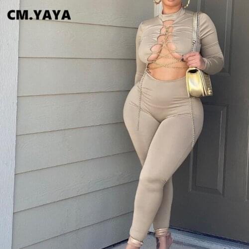 Lemon Gina Women Solid Hollow Out Chain Stretchy Pencil Rompers Sexy Fashion One Piece Overalls for Ladies Outfits Autumn