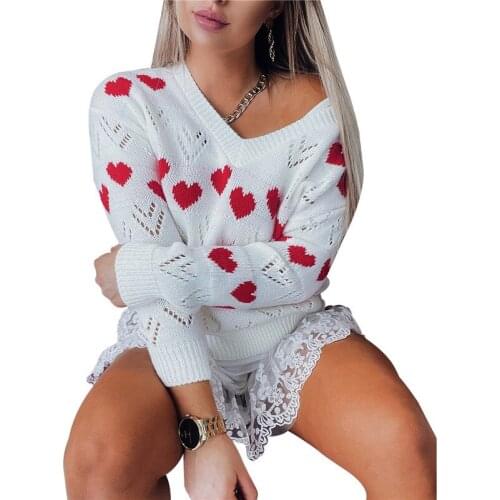 Autumn Winter Women Hollow Knitting Pullover Heart Pattern Long Sleeve V-neck Sweater Causal Slim Knitwear Streetwear