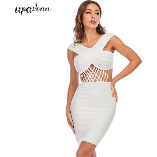 Free Shipping 2021 New Chic Women Bandage Dress Sexy V-neck Sleeveless Bodycon Waist Hollow Dress Celebrity Club Party Vestidos