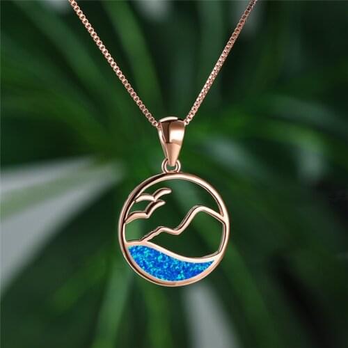 Boho Female Opal Stone Pendant Necklace Rose Gold Silver Color Chain Necklaces For Women Cute Round Hollow Wave Wedding Necklace