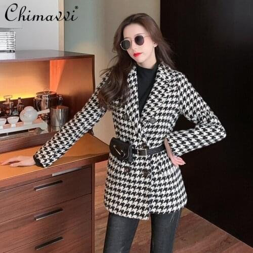 2021 Winter Long Sleeve Casual Business Suit Womens Korean Style Elegant Woolen Coat Female Black White Plaid Woolen Coat