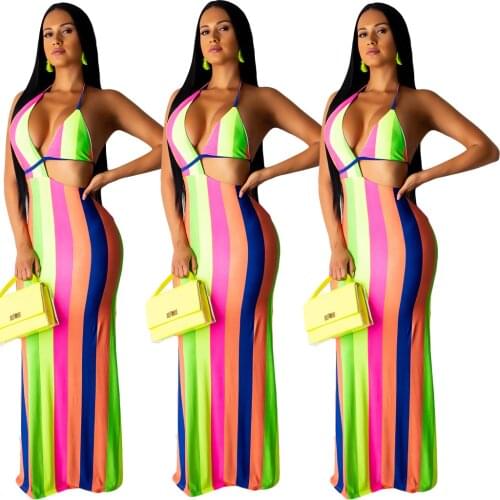 2021 Hot Style European and American Womens Spring and Summer Open Back Halter Sexy Printed Striped Dress