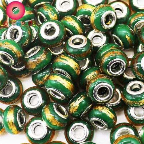 10Pcs Green Color Glitter Big Hole Round Flame Murano Spacer Beads fit Troll Charms Pandora Bracelet Necklaces DIY Women Jewelry