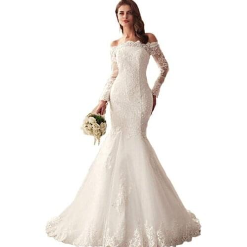 2021 Elegant One Boat Neck Long Sleeves Vintage Lace Wedding Dress Women Corset White Strapless Plus Size Wedding Gown Vestidos