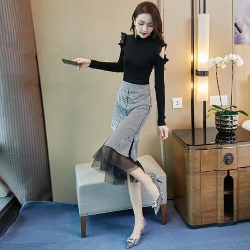 2021 Fashion Womens Autumn Winter 2 Piece Set Long Sleeve Solid Slim Top and Mesh Patchwork Plaid Skirt Suit Female Outfit H67
