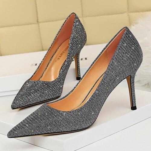 Women 7.5cm High Heels Single Shoes Champagne Shining Sequins Elegant Lady Office Pumps Plus Size Pointed Toe Party Shoes Woman