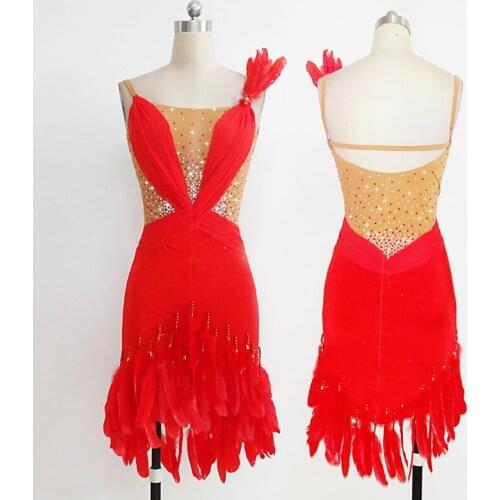 Shiny Rhinestones Latin Dance Dresses Women High-end Custom Red Feathers Slim Dress Female Singer Bar Prom Party Wear