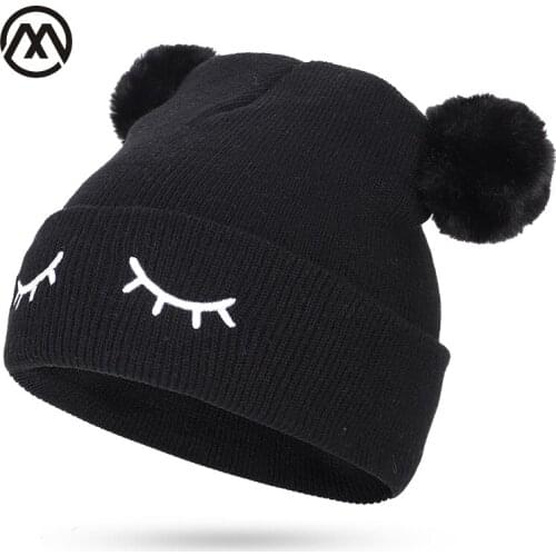 Cartoon embroidery childrens cotton cap boys and girls autumn and winter pompoms knitted hats pompoms outdoor warm casual hat