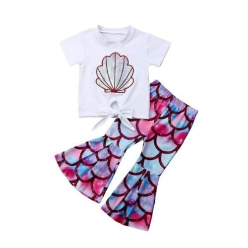 Girl Clothes Fashion Toddler Kids Baby Girl Mermaid Tops Shell Top Colorful Scales Print Flared Pants 2PCS Outfits Sunsuit