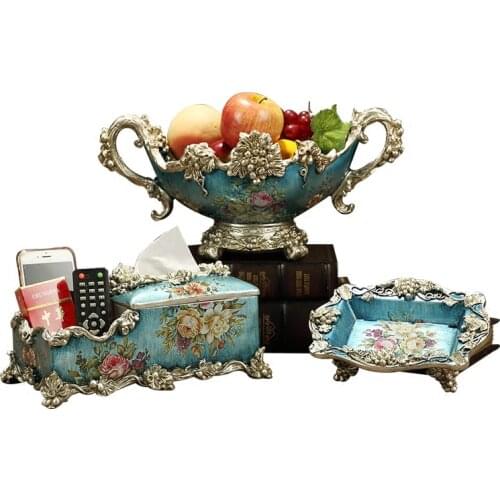 European Luxury Retro Resin Fruit Bowl Plates Tissue Box Ashtray Crafts Ornament Home Coffee Bar KTV Table Figurines Decoration