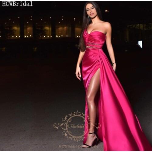 Fuchsia Sexy One Shoulder Long Prom Dresses High Slit Crystal Satin Plus Size Black Girl Special Occasion Dress Robe De Soiree
