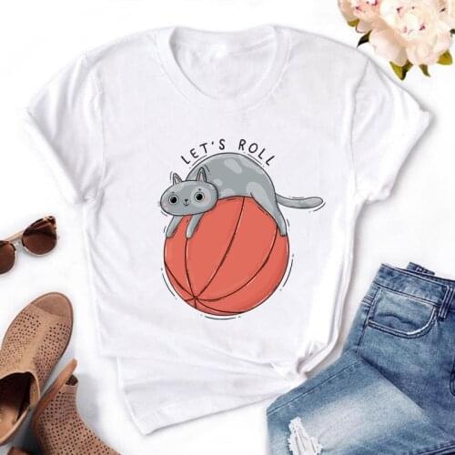LETS ROLL Cat playing basketball Print Women T Shirts Plus Size O-Neck Short Sleeve Ladies Tee Top 5 colors Funny T-shirts