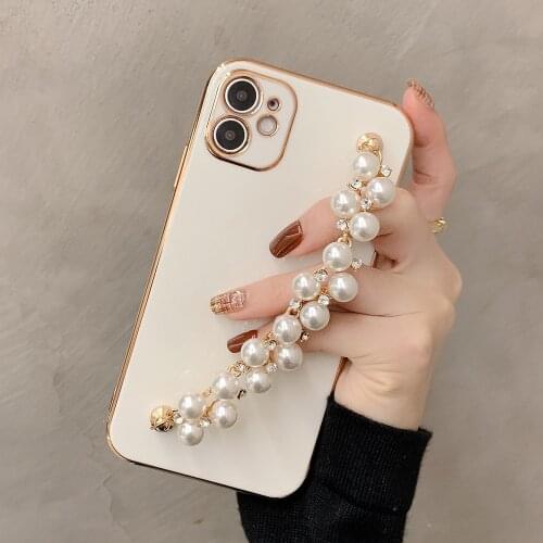 6D Electroplate Wrist Strap Chain Case For iphone 12Pro Max 12mini 11Promax XSMAX 7 8 Plus Crystal pearl chain Phone Case