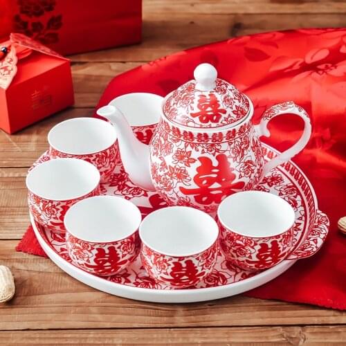 Chinese paper cut wedding ceramics wedding supplies BRIDE NEW Gift teapot tea cup happy tea set