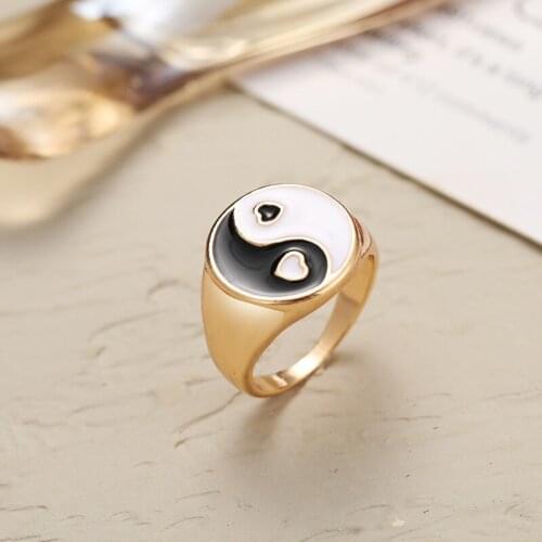1Pc Tai Chi Bagua Yin and Yang Ring Retro Enamel Round Rings for Women Punk Rock Aesthatic Chinese Style Jewelry