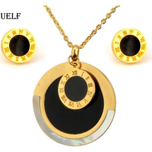 UELFS tainless Steel Roman Numerals Jewelry Sets Gold Plating Round Black Shell Necklace Earrings Sets Women