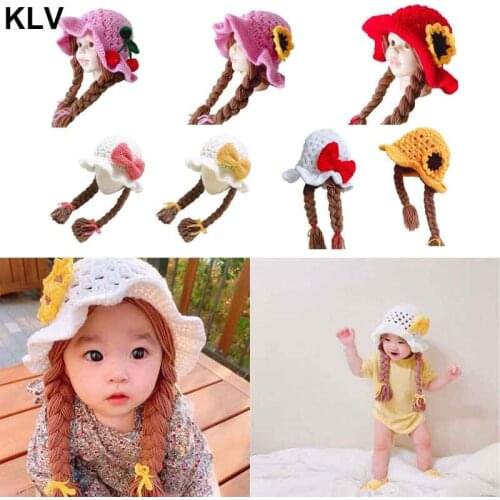 Cute Idyllic Handmade Knitted Baby Girl Twist Braid Hat Infant Wigs Brades Kid Crochet Caps with Plaits Photography Prop