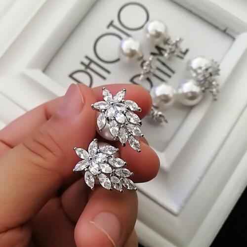 Mimiyagu Korean simple cubic zircon double side pearl earring for women hiqh quality stud earring jewelry