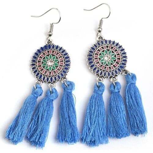 Fashion Bohemian Sun Flower Rope Tassel Dangle Earrings For Women Girls Ethnic Silk Tassle Earrings Christmas Gift