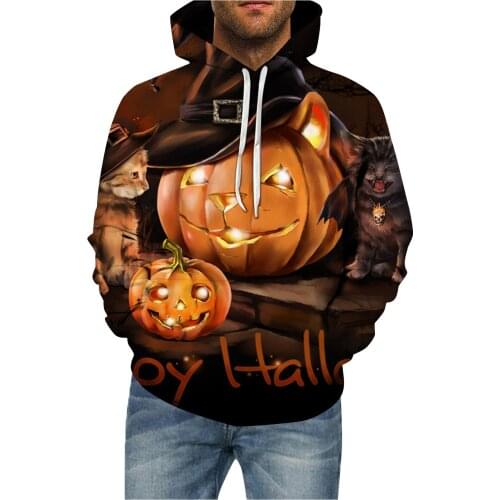 Mens Halloween Sweatshirts Japanese Outdoor Sports Long Sleeve Hooded Blouse Oversized Pumpkin Print Crew Neck Pullover Moletom