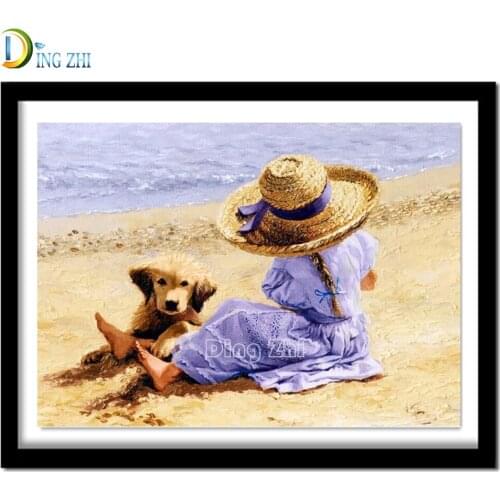 New 5D DIY Diamond Painting “Little Girl On The Beach” Cross Stitch Kit Animal Dog Embroidery Mosaic Childrens Room Decor Gift