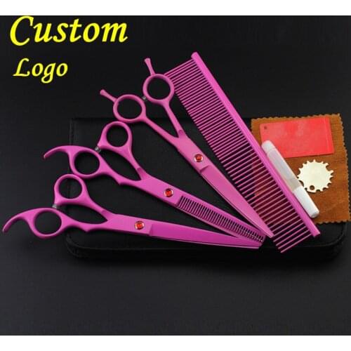Custom 4 kit japan 440c pink pet 7 inch shears dog grooming hair scissors cutting thinning curved barber hairdressing scissors