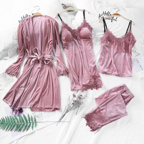 Fdfklak Gold Velvet 4 Pieces Warm Autumn Winter Pajamas Sets Women Sexy Lace Robe Pijamas Sleepwear Nightwear With Chest Pad