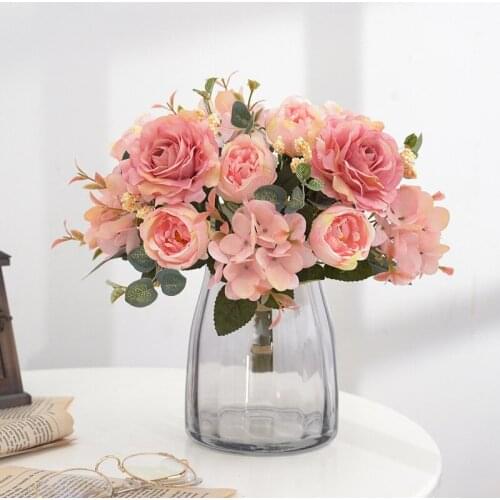 Multicolor mixed flowers beautiful peony artificial flower hydrangea silk fake bouquet for home wedding decoration dandelion foa