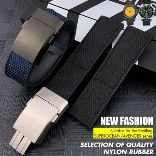 22mm 24mm Nylon Rubber Watch Band Fit for Breitling AVENGER Black Yellow Fabric Silicone Strap Deployment Buckle Sport Bracelets