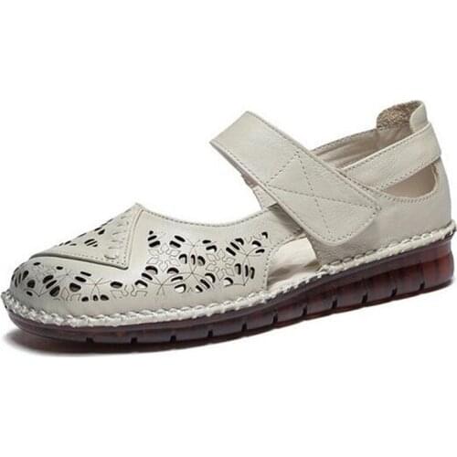 2021 New Summer Round Toe Genuine Leather Grandma Sandals Fashion Comfort Elegant Women Sandal Shoes Flat Non-slip Mom Sandals