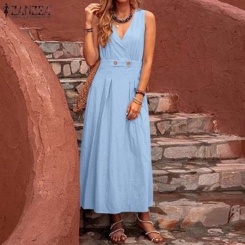Summer Sleeveless Solid Sundress Women Elegant Cotton V Neck Dress ZANZEA Casual Back Elastic Waist Vestidos Loose Button Kaftan