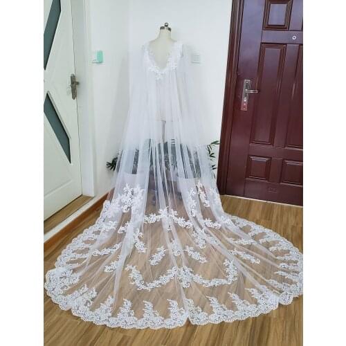 White Ivory Lace Applique Long Bridal Capes Wedding Wraps Cloaks Shrug shawl train lace jacket wedding cape dress for women