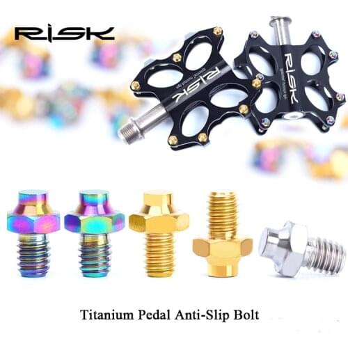 RISK 8pcs M4x5mm Titanium Pedal Bolts Anti-Slip For Mountain Road Bike Cycling Ultra-light Hexagon Ti Fasten Anti-Slip Screws