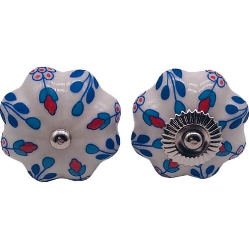 Pack of 6 Blue & Red Cream Ceramic Painted Leaves Door knobs Cabinet Handle Cupboard Pulls Drawer Puller knob