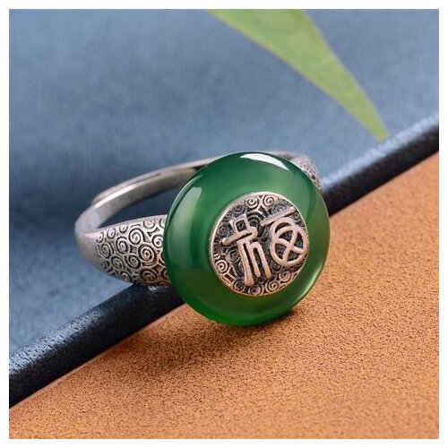 Vintage Hetian Jade S925 Sterling Silver Ring Hetian Jade Open Blessing Big Stone Ethnic Style Index Finger Ring for Women