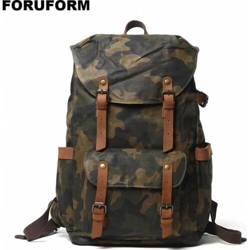 Vintage Leather Backpacks for Men Laptop Daypacks Waterproof Canvas Rucksacks Large Waxed Mountaineering Travel Pack LI-2703