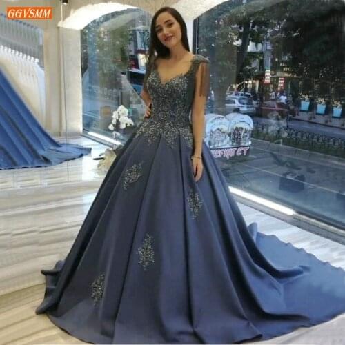 High Quality Africa Dark Navy Evening Gown Appliqued Beaded Lace Up Arabia Evening Dresses Long Satin Muslim Dubai Formal Dress