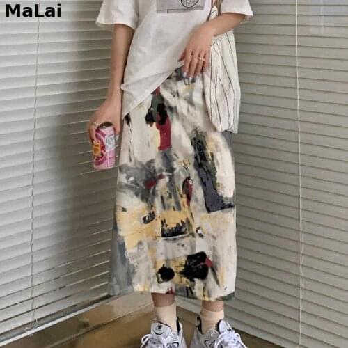 Summer Pinted Skirt Women High Elastic Waist Long Straight Skirt Vintage Designer Split Loose Skirt with Lining Harajuku X240