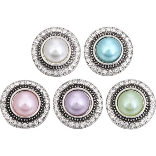 5pcs/lot New Pearl 18mm Snap Jewelry Snaps Metal Rhinestone Vintage Snap Buttons Fit 20mm 18mm Snap Button Bracelet